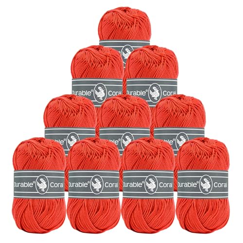 10x50g Strickgarn Häkelgarn Durable Coral Uni 90 Farben Baumwollgarn Sommergarn Farbwahl, Farbe:2193 blutorange von maDDma