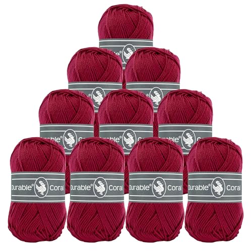 10x50g Strickgarn Häkelgarn Durable Coral Uni 90 Farben Baumwollgarn Sommergarn Farbwahl, Farbe:222 bordeaux von maDDma