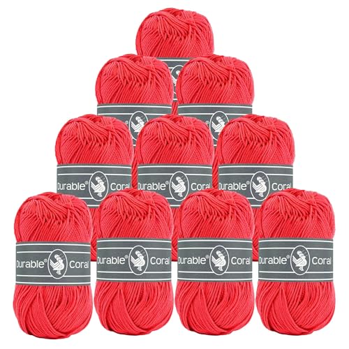 10x50g Strickgarn Häkelgarn Durable Coral Uni 90 Farben Baumwollgarn Sommergarn Farbwahl, Farbe:316 erdbeerrot von maDDma