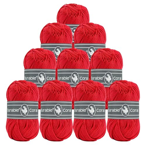 10x50g Strickgarn Häkelgarn Durable Coral Uni 90 Farben Baumwollgarn Sommergarn Farbwahl, Farbe:318 rot von maDDma