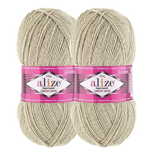 2 x 100g Sockenwolle Superwash Comfort 4-fädig Schurwolle Sockengarn Farbauswahl, Farbe:152 hellbeige meliert von maDDma