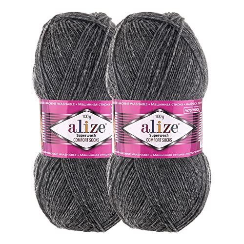 2 x 100g Sockenwolle Superwash Comfort 4-fädig Schurwolle Sockengarn Farbauswahl, Farbe:182 dunkelgrau meliert von maDDma