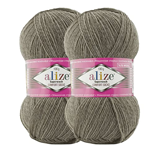 2 x 100g Sockenwolle Superwash Comfort 4-fädig Schurwolle Sockengarn Farbauswahl, Farbe:207 beige-braun von maDDma