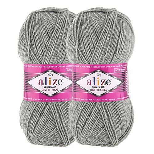 2 x 100g Sockenwolle Superwash Comfort 4-fädig Schurwolle Sockengarn Farbauswahl, Farbe:21 hellgrau meliert von maDDma