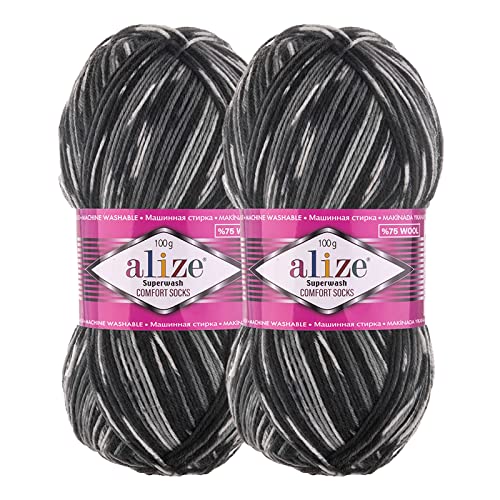 2 x 100g Sockenwolle Superwash Comfort 4-fädig Schurwolle Sockengarn Farbauswahl, Farbe:2695 anthrazit grau creme von maDDma