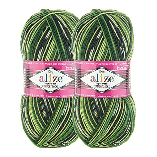 2 x 100g Sockenwolle Superwash Comfort 4-fädig Schurwolle Sockengarn Farbauswahl, Farbe:2696 anthrazit grün creme von maDDma