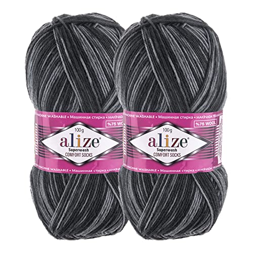 2 x 100g Sockenwolle Superwash Comfort 4-fädig Schurwolle Sockengarn Farbauswahl, Farbe:7676 anthrazit grau von maDDma