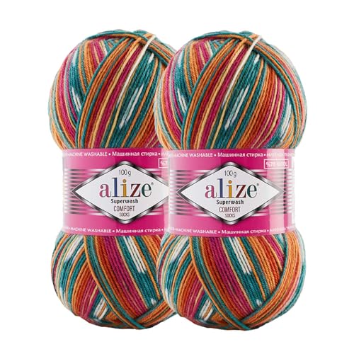 2 x 100g Sockenwolle Superwash Comfort 4-fädig Schurwolle Sockengarn Farbauswahl, Farbe:7839 grün pink tera von maDDma