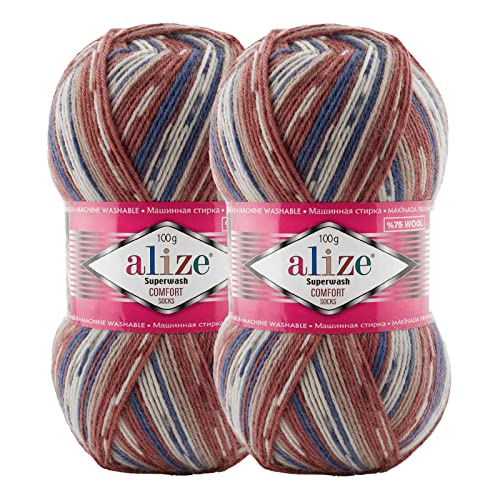 2 x 100g Sockenwolle Superwash Comfort 4-fädig Schurwolle Sockengarn Farbauswahl, Farbe:7841 braun blau creme von maDDma