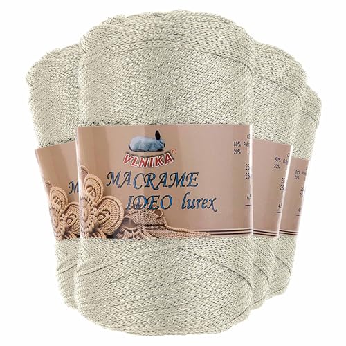 4 x 250g Strickgarn Macrame Ideo Lurex Makramee-Garn Glitzereffekt Häkelgarn Flechtgarn Basteln Farbwahl, Farbe:graubeige von maDDma