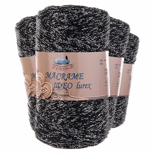 4 x 250g Strickgarn Macrame Ideo Lurex Makramee-Garn Glitzereffekt Häkelgarn Flechtgarn Basteln Farbwahl, Farbe:schwarz von maDDma