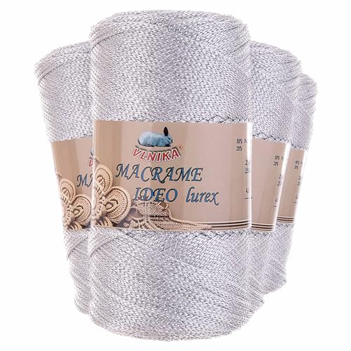 4 x 250g Strickgarn Macrame Ideo Lurex Makramee-Garn Glitzereffekt Häkelgarn Flechtgarn Basteln Farbwahl, Farbe:silbergrau von maDDma