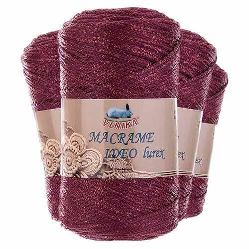 4 x 250g Strickgarn Macrame Ideo Lurex Makramee-Garn Glitzereffekt Häkelgarn Flechtgarn Basteln Farbwahl, Farbe:weinrot von maDDma