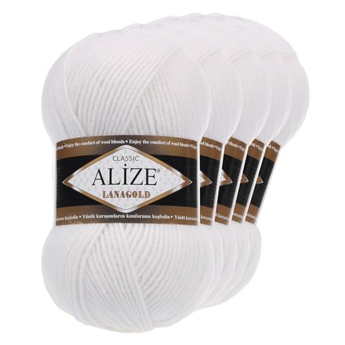 5 x 100 g ALIZE Lanagold 49% Wolle Strickgarn Winterwolle Schurwolle Farbwahl, Farbe:weiß von maDDma