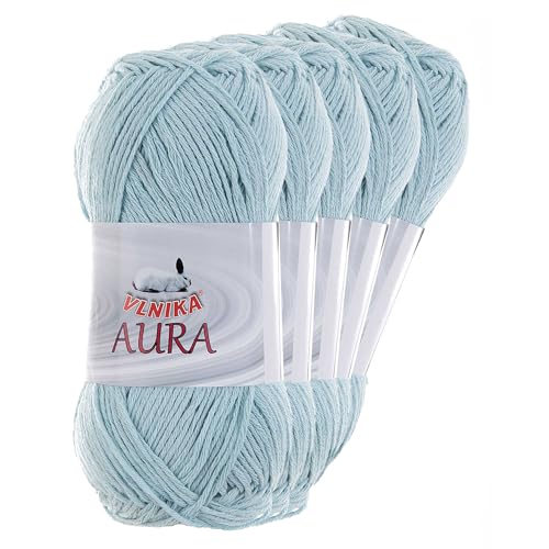 5 x 100g Aura Baumwoll-Leinen-Garn Strickgarn Häkelgarn Farbwahl, Farbe:eisblau von maDDma