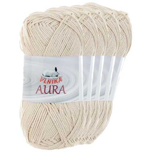 5 x 100g Aura Baumwoll-Leinen-Garn Strickgarn Häkelgarn Farbwahl, Farbe:hellbeige von maDDma