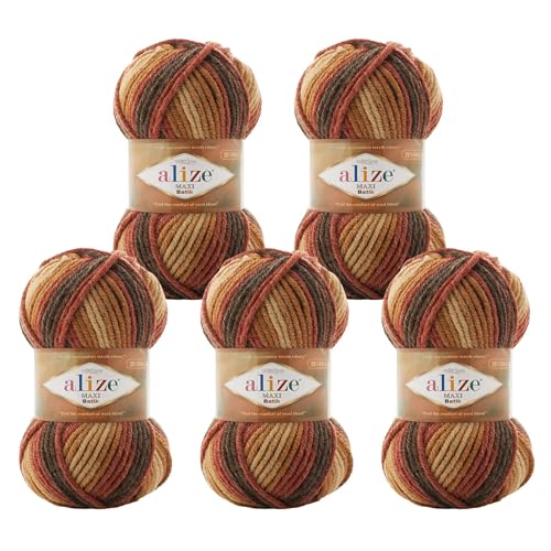 5 x 100g Farbverlaufsgarn Alize Superlana Maxi Batik 25% Wolle Winterwolle Häkelgarn mehrfarbig Farbwahl, Farbe:7784 Wüstensturm von maDDma