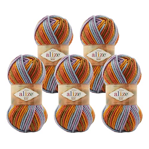 5 x 100g Farbverlaufsgarn Alize Superlana Maxi Batik 25% Wolle Winterwolle Häkelgarn mehrfarbig Farbwahl, Farbe:7794 Laternenfest von maDDma