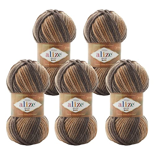 5 x 100g Farbverlaufsgarn Alize Superlana Maxi Batik 25% Wolle Winterwolle Häkelgarn mehrfarbig Farbwahl, Farbe:7800 Kaffeebar von maDDma