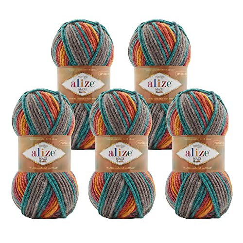 5 x 100g Farbverlaufsgarn Alize Superlana Maxi Batik 25% Wolle Winterwolle Häkelgarn mehrfarbig Farbwahl, Farbe:7830 Herbstabend von maDDma