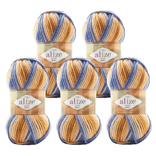 5 x 100g Farbverlaufsgarn Alize Superlana Maxi Batik 25% Wolle Winterwolle Häkelgarn mehrfarbig Farbwahl, Farbe:7914 Nil von maDDma