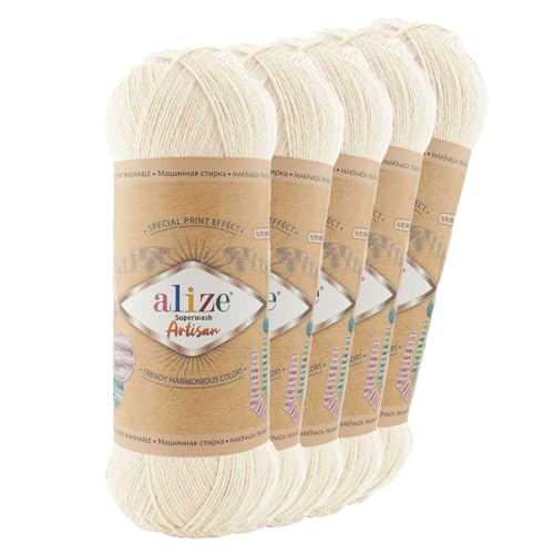 5 x 100g Sockenwolle Alize Superwash Artisan 75% Wolle Strickwolle Häkelgarn Farbwahl, Farbe:01 creme von maDDma