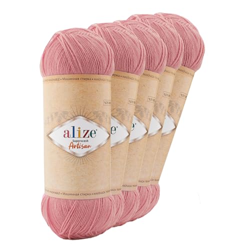 5 x 100g Sockenwolle Alize Superwash Artisan 75% Wolle Strickwolle Häkelgarn Farbwahl, Farbe:161 puderrosa von maDDma