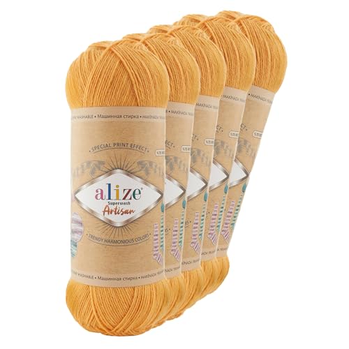 5 x 100g Sockenwolle Alize Superwash Artisan 75% Wolle Strickwolle Häkelgarn Farbwahl, Farbe:281 safran von maDDma