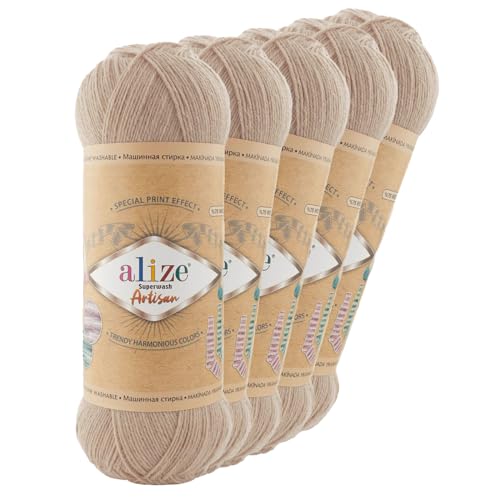 5 x 100g Sockenwolle Alize Superwash Artisan 75% Wolle Strickwolle Häkelgarn Farbwahl, Farbe:431 biskuit von maDDma