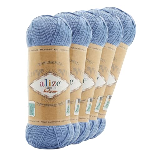 5 x 100g Sockenwolle Alize Superwash Artisan 75% Wolle Strickwolle Häkelgarn Farbwahl, Farbe:432 taubenblau von maDDma