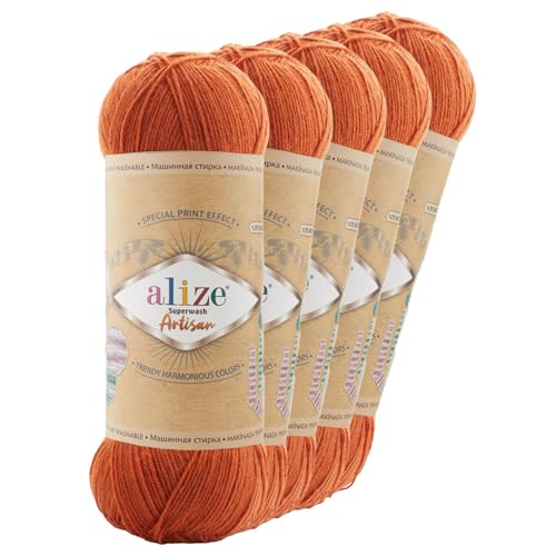 5 x 100g Sockenwolle Alize Superwash Artisan 75% Wolle Strickwolle Häkelgarn Farbwahl, Farbe:433 orangebraun von maDDma