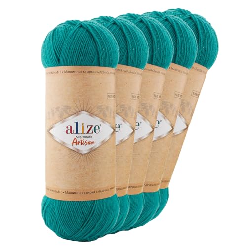 5 x 100g Sockenwolle Alize Superwash Artisan 75% Wolle Strickwolle Häkelgarn Farbwahl, Farbe:507 türkisgrün von maDDma