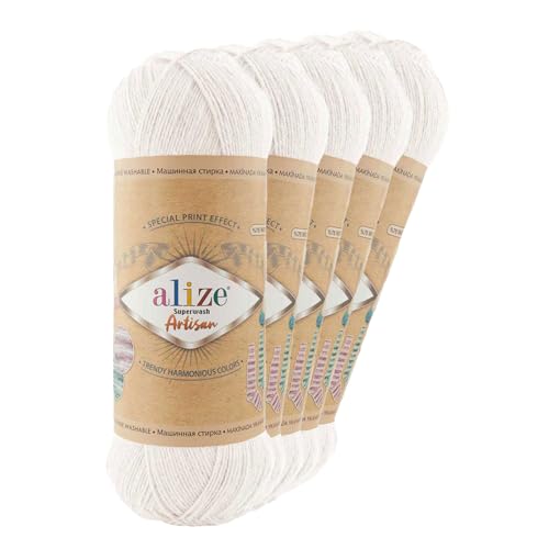 5 x 100g Sockenwolle Alize Superwash Artisan 75% Wolle Strickwolle Häkelgarn Farbwahl, Farbe:55 weiß von maDDma