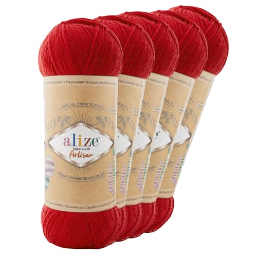 5 x 100g Sockenwolle Alize Superwash Artisan 75% Wolle Strickwolle Häkelgarn Farbwahl, Farbe:56 rot von maDDma