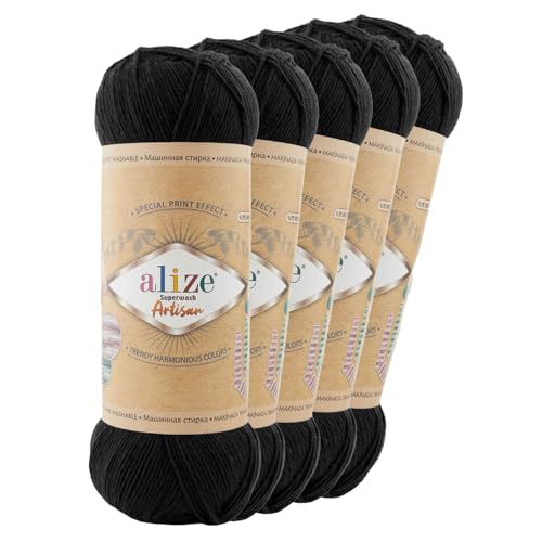 5 x 100g Sockenwolle Alize Superwash Artisan 75% Wolle Strickwolle Häkelgarn Farbwahl, Farbe:60 schwarz von maDDma