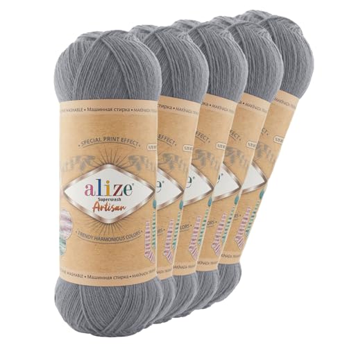 5 x 100g Sockenwolle Alize Superwash Artisan 75% Wolle Strickwolle Häkelgarn Farbwahl, Farbe:836 platingrau von maDDma