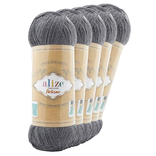 5 x 100g Sockenwolle Alize Superwash Artisan 75% Wolle Strickwolle Häkelgarn Farbwahl, Farbe:871 schiefergrau von maDDma