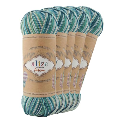 5 x 100g Sockenwolle Alize Superwash Artisan 75% Wolle Strickwolle Häkelgarn Farbwahl, Farbe:9001 Flussaue von maDDma