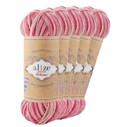 5 x 100g Sockenwolle Alize Superwash Artisan 75% Wolle Strickwolle Häkelgarn Farbwahl, Farbe:9002 Girlywood von maDDma