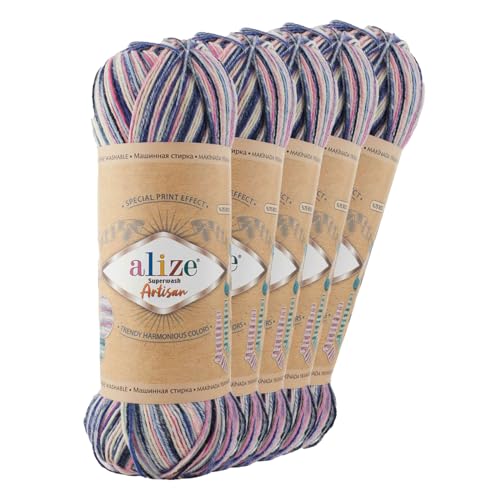 5 x 100g Sockenwolle Alize Superwash Artisan 75% Wolle Strickwolle Häkelgarn Farbwahl, Farbe:9004 Late Night von maDDma