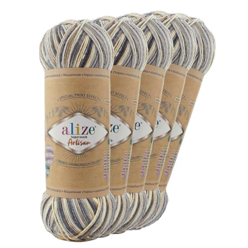 5 x 100g Sockenwolle Alize Superwash Artisan 75% Wolle Strickwolle Häkelgarn Farbwahl, Farbe:9005 Schattenmond von maDDma