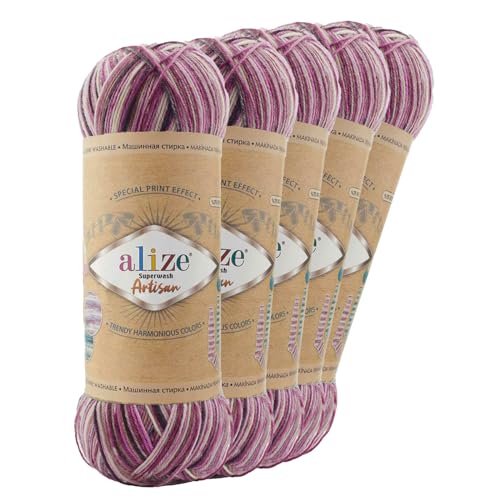 5 x 100g Sockenwolle Alize Superwash Artisan 75% Wolle Strickwolle Häkelgarn Farbwahl, Farbe:9011 Rosenblüten von maDDma