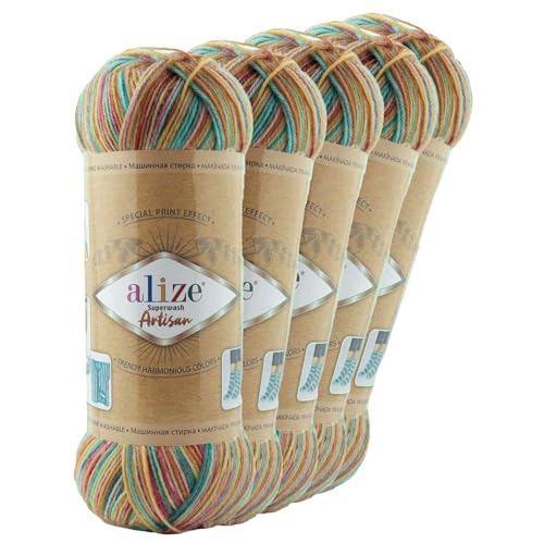 5 x 100g Sockenwolle Alize Superwash Artisan 75% Wolle Strickwolle Häkelgarn Farbwahl, Farbe:9012 Konfetti von maDDma