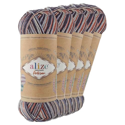 5 x 100g Sockenwolle Alize Superwash Artisan 75% Wolle Strickwolle Häkelgarn Farbwahl, Farbe:9013 Gentleman von maDDma