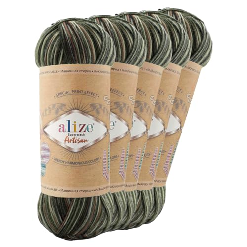 5 x 100g Sockenwolle Alize Superwash Artisan 75% Wolle Strickwolle Häkelgarn Farbwahl, Farbe:9014 Waldgeist von maDDma