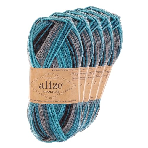 Strickgarn Alize Wooltime 5x100g 75% Wolle Oeko-Tex 100 Häkelgarn Farbwahl, Farbe:11017 Blaue Grotte von maDDma