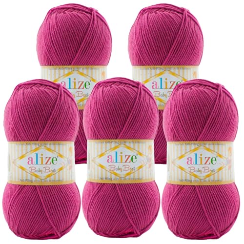 5 x 100g Strickgarn ALIZE Baby Best uni Babywolle Wolle Antipilling 44 Farben, Farbe:171 fuchsia von maDDma