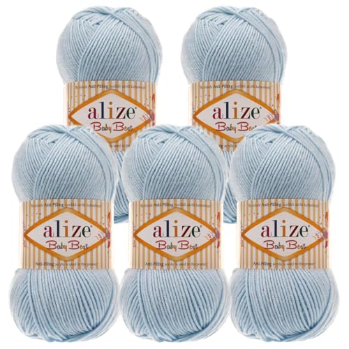 5 x 100g Strickgarn ALIZE Baby Best uni Babywolle Wolle Antipilling 44 Farben, Farbe:183 light blue blau von maDDma