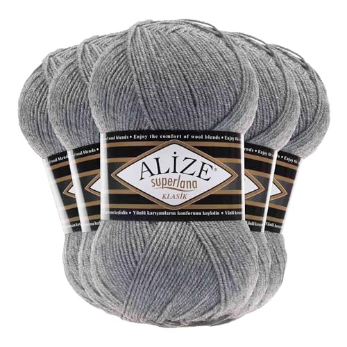 5 x 100g Strickgarn Alize Superlana Klasik 25% Wolle, Farbwahl, Farbe:21 grau meliert von maDDma