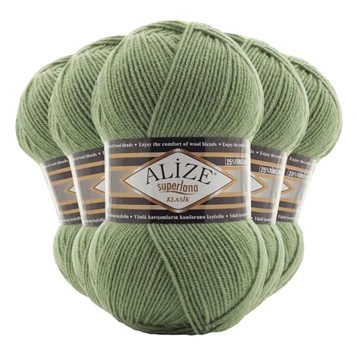 5 x 100g Strickgarn Alize Superlana Klasik 25% Wolle, Farbwahl, Farbe:852 blassgrün von maDDma